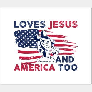 Retro Loves Jesus and America Too God Christian 4th of July Gift For Men Women Posters and Art